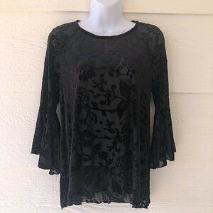 Chelsea & Theodore Size Small Black Velvet Burnout Top Sheer Flare Sleeves